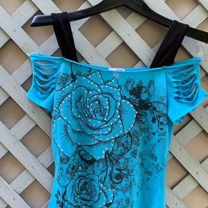 🌸Bongo Sparkly Blue Off the Shoulder Rose Top🌸